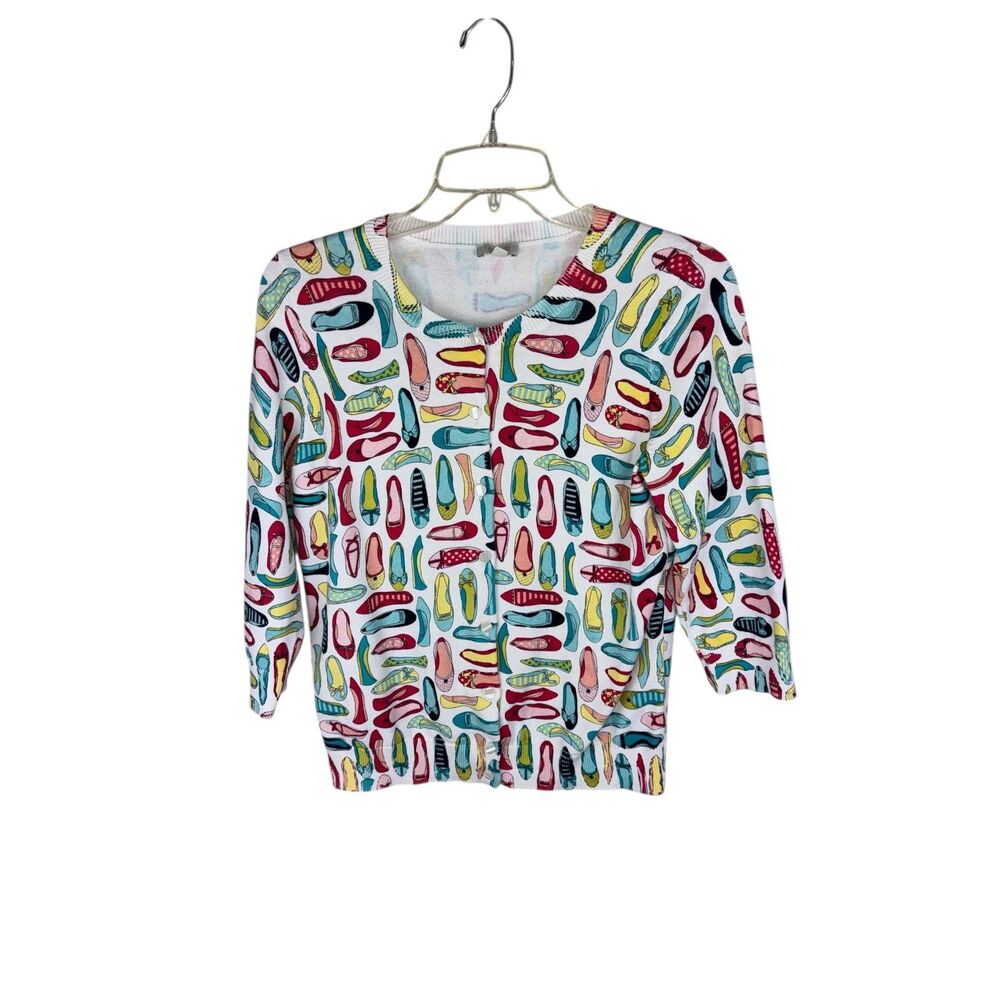 Talbots Shoe Ballet Flat Print Button Up‎ 100% Cotton Cardigan Medium Petite